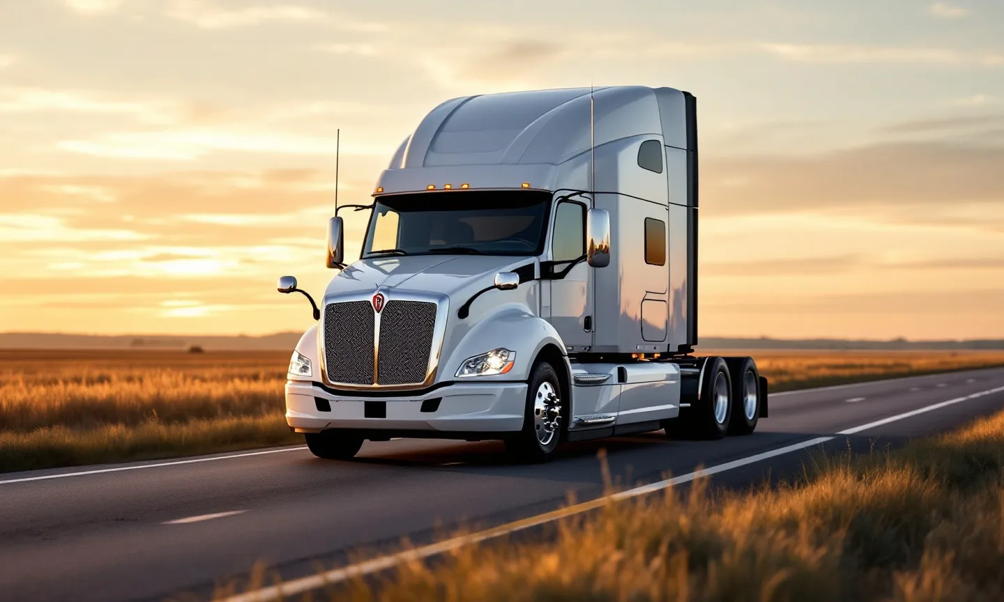 New semi tractor driven bobtail on an open interstate at sunset
